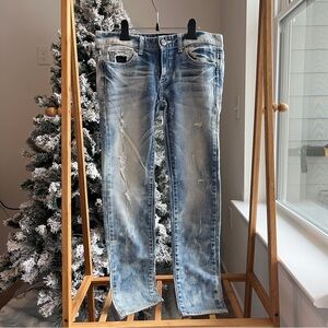 GUESS Y2K Rhinestone Pocket Distressed Straight Jeans Size 28 Stretch Denim